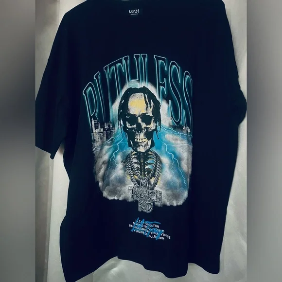 boohooMan x LilTjay 'Trench kid' Men's 'Ruthless' skull black shirt NWT Size L - Picture 2 of 10